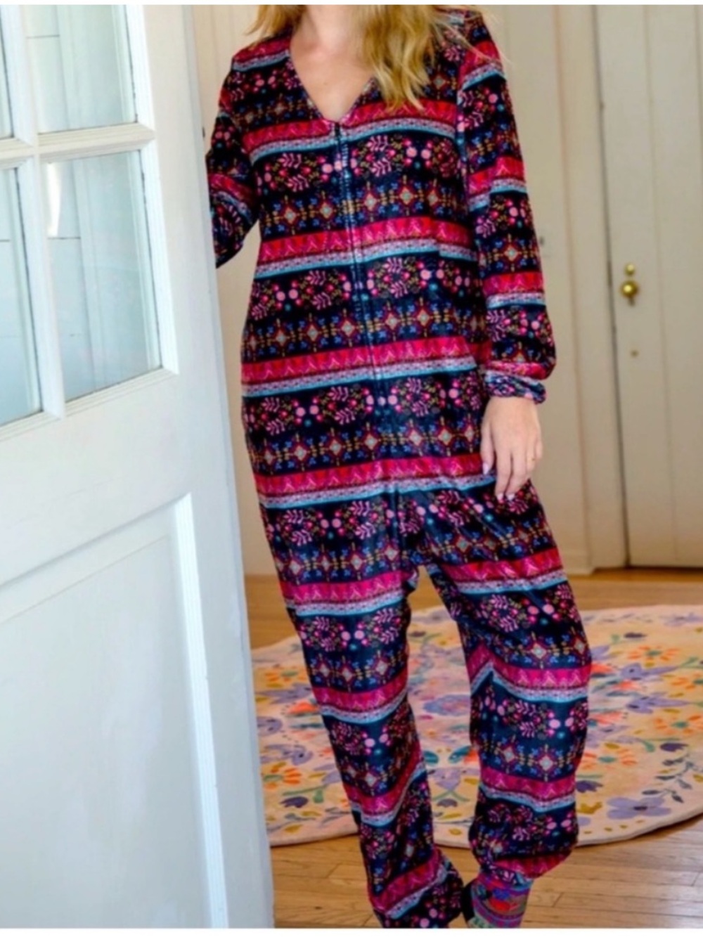 Natural Life Women's Fleece One Piece Pajama Lounge Jumpsuit Boho Floral M Cozy